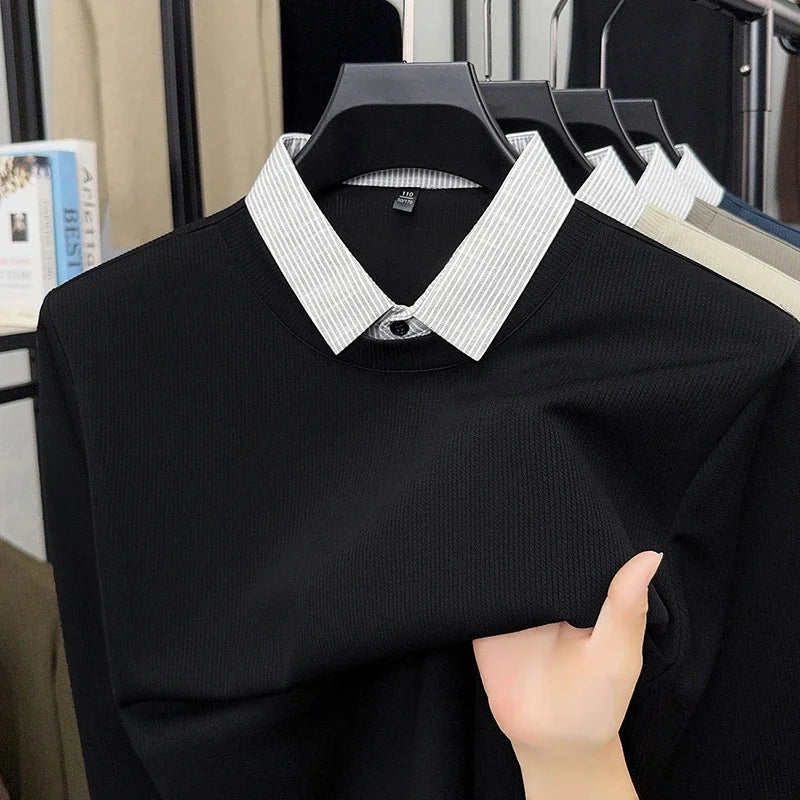 Nouveau polo faux deux pièces pour homme 2025, décontracté, à la mode, à manches longues, col t-shirt, haut polyvalent