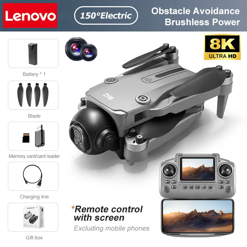 Drone Lenovo D18 8K HD Double Caméra Photographie Aérienne Évitement d'Obstacles Moteur Sans Balais 5G WIFI GPS Retour d'Écran RC Quadcopter