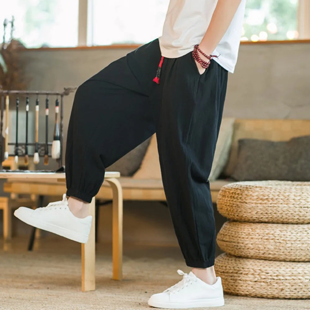 Pantalon Sarouel Homme Coton et Lin Décontracté Ample Grande Taille Pantalon de Plage Style Chinois Large Joggers Homme Été