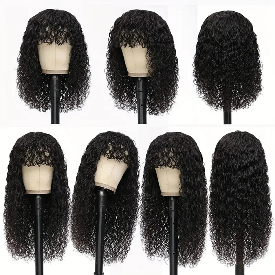30 Zoll Water Wave Echthaarperücken mit Pony, klebefreie Pony-Perücke, Kinky Curly Bob Perücke mit Pony, vollmaschinell gefertigte Perücke, 180%