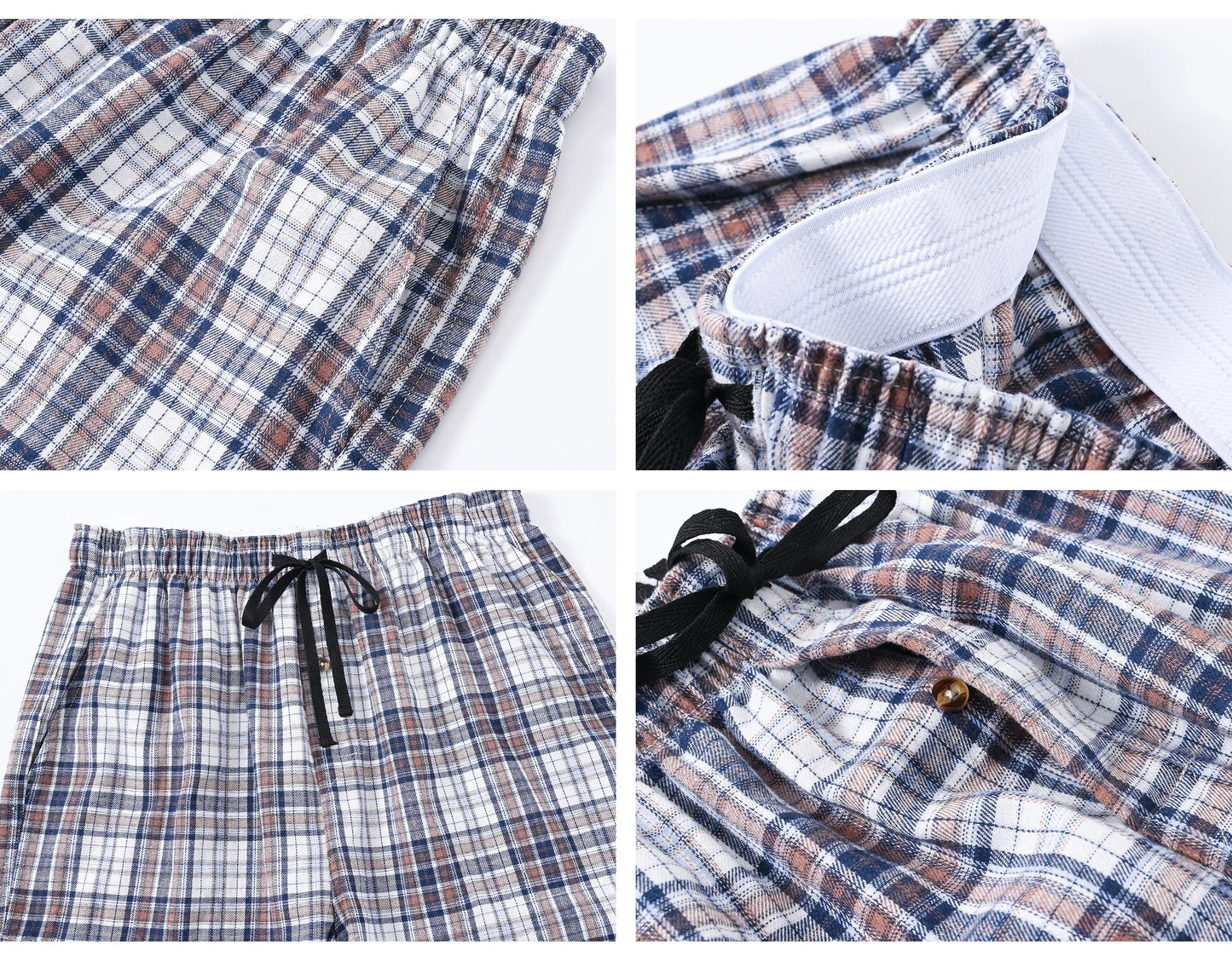 Pyjama Homme 3 Pièces Coton Carreaux, Pantalon de Pyjama Long Carreaux avec Taille Élastique pour Homme