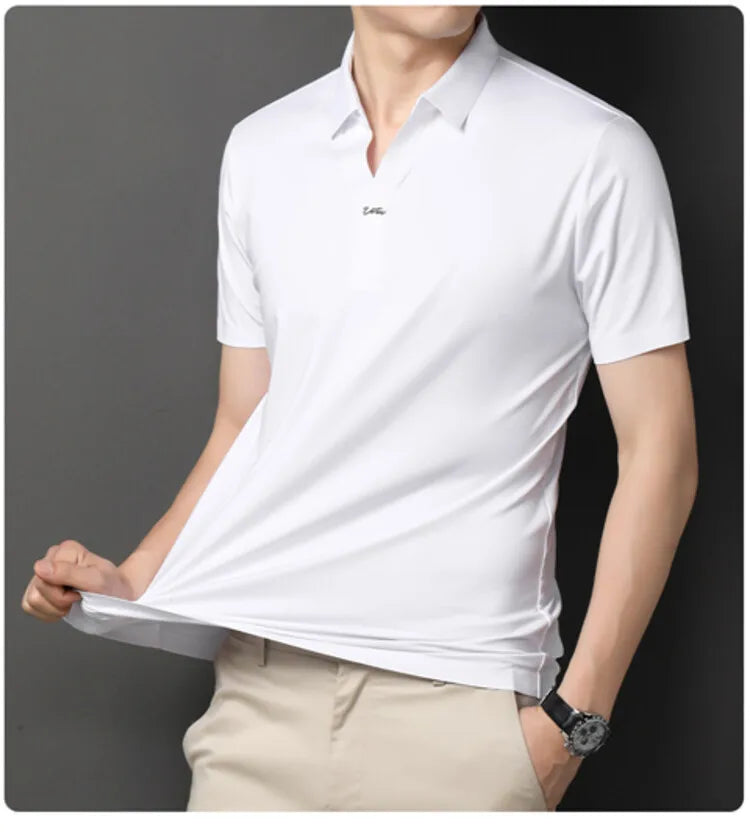 Polo 2024 de haute qualité, extensible et élastique, Chemise à manches courtes pour hommes, style décontracté, Col en V sans coutures, Polo pour hommes M-4XL