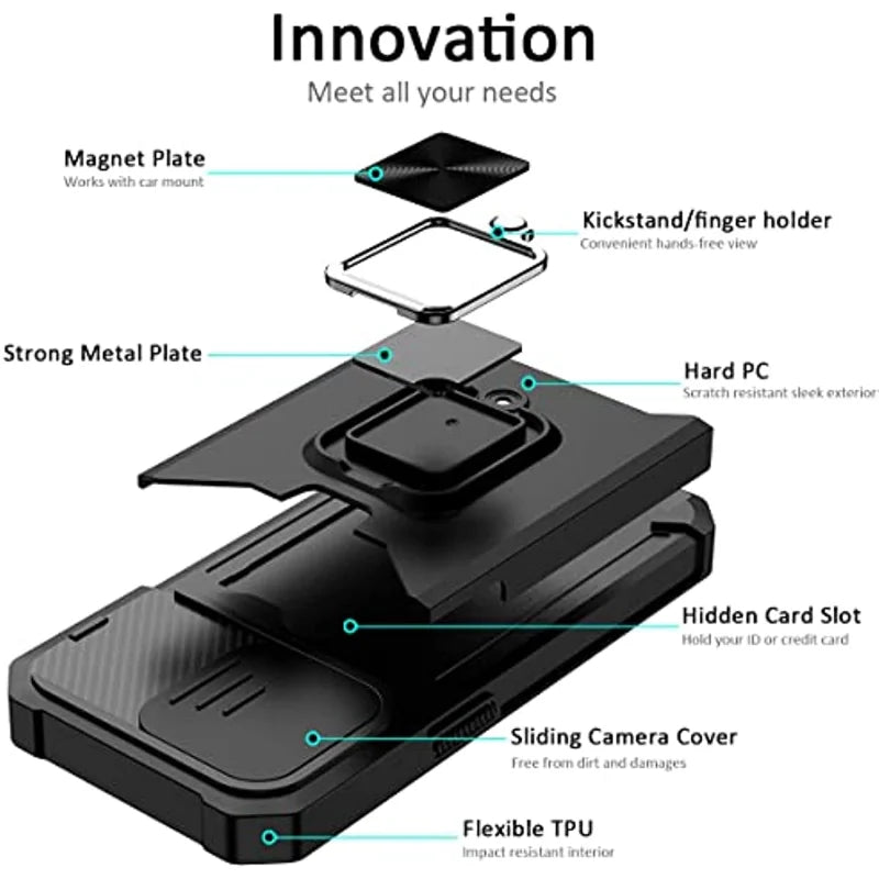 Hülle für iPhone 17 16 15 14 13 12 Pro Max Plus 8 7 Plus Mini Robuster Schutz mit Schiebe-Kameraabdeckung und Kartenclip-Abdeckung
