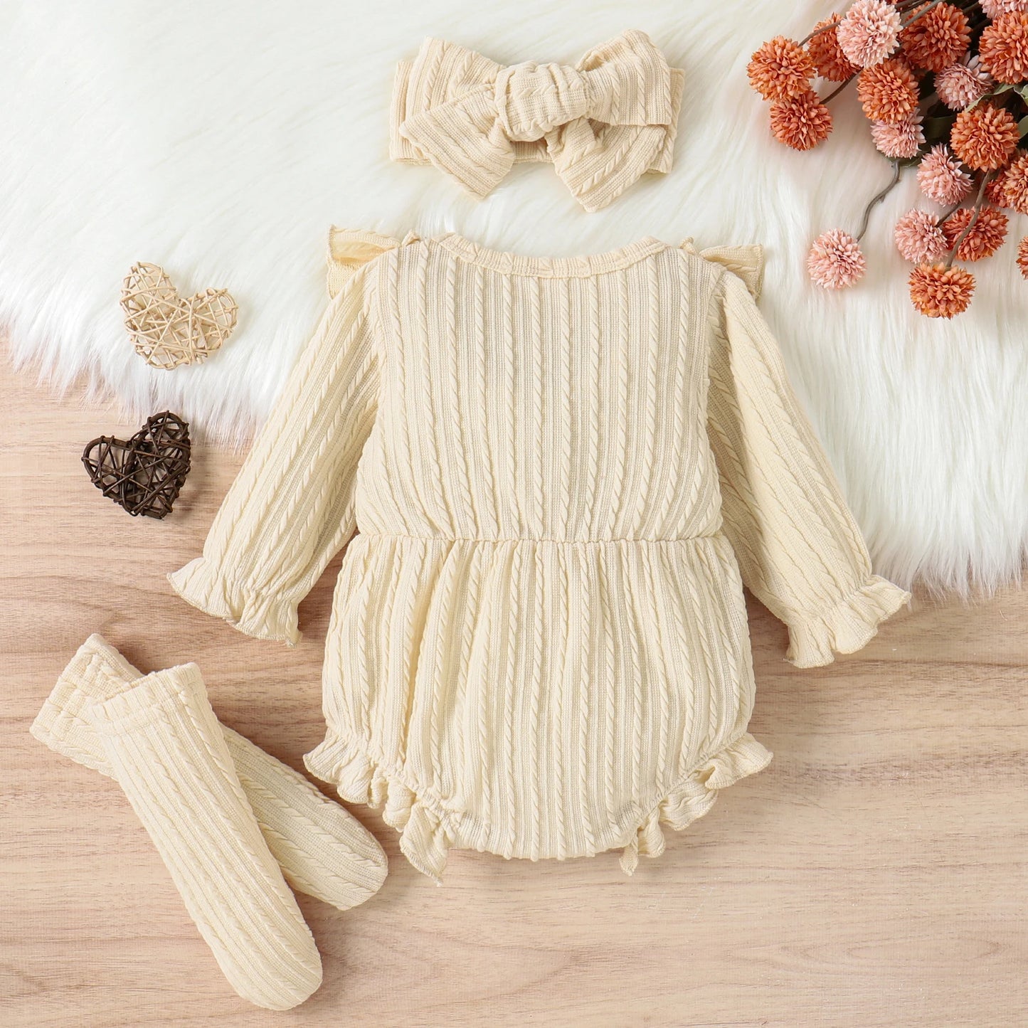 Ensemble 3 pièces printemps automne pour bébés filles, barboteuse à manches longues boutonnée avec volants + chaussettes + bandeau