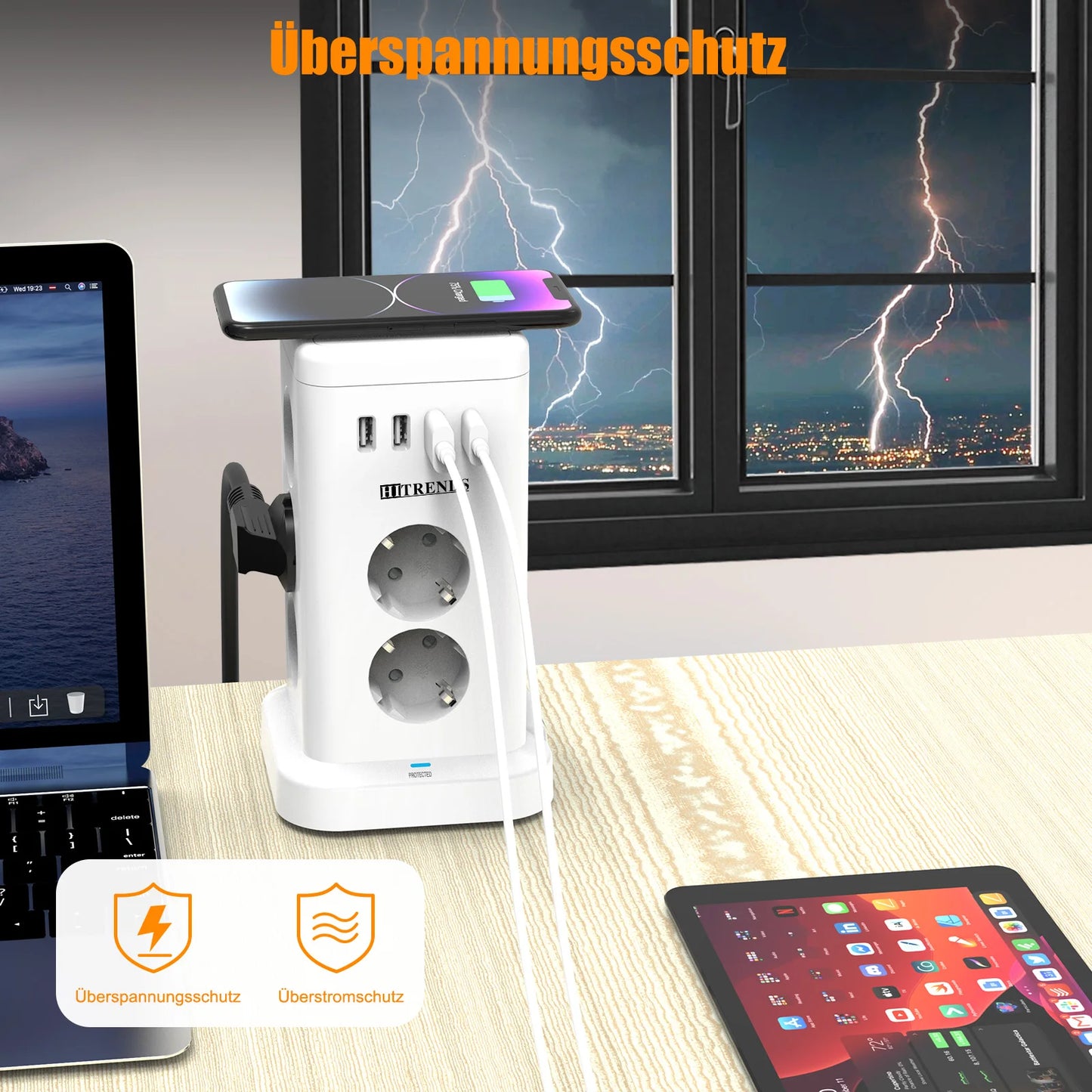 15-in-1 intelligente Steckdosenleiste kabelloses Schnellladen 3680W 3USB-A und 1USB-C 2 Meter Verlängerungskabel Hauptschalter