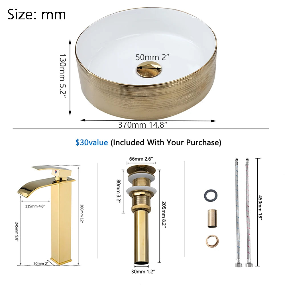 YANKSMART Gold Runder Keramik Waschbecken Wasserhahn Goldener Einhandmischer Wasserfallarmatur mit Pop-up-Ablaufgarnitur Set