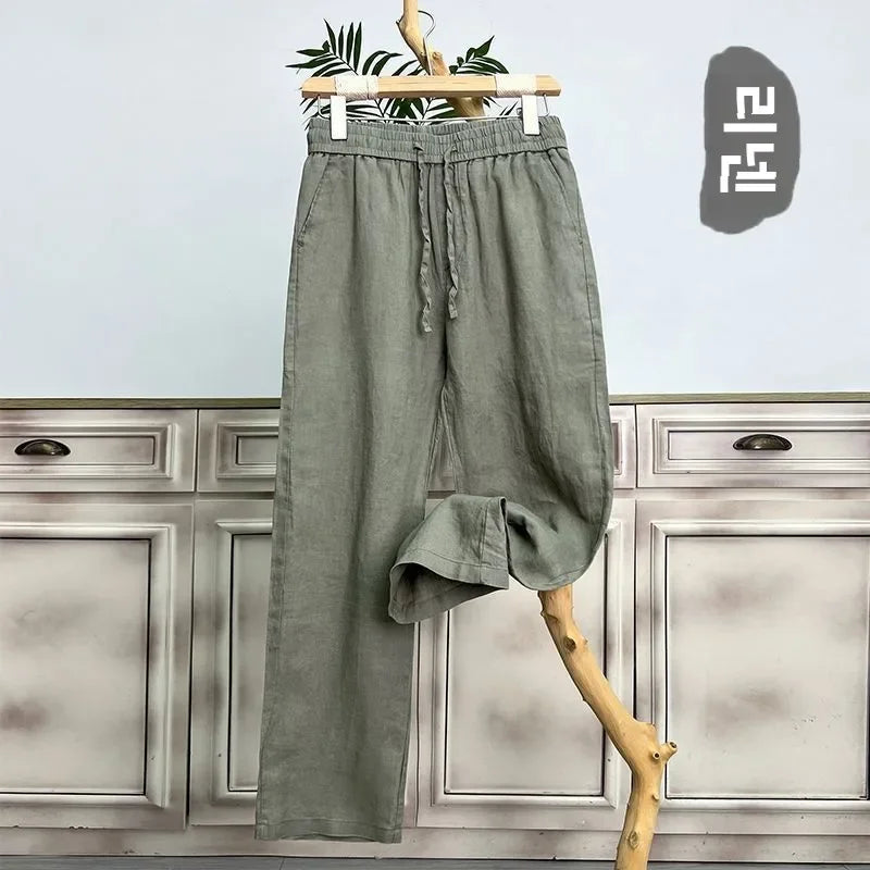 Hochwertige reine Leinenhose für Herren Sommer Baumwoll-Leinen Loose Straight Leg Freizeit lange Hose Frühling Herbst Bequem Atmungsaktiv