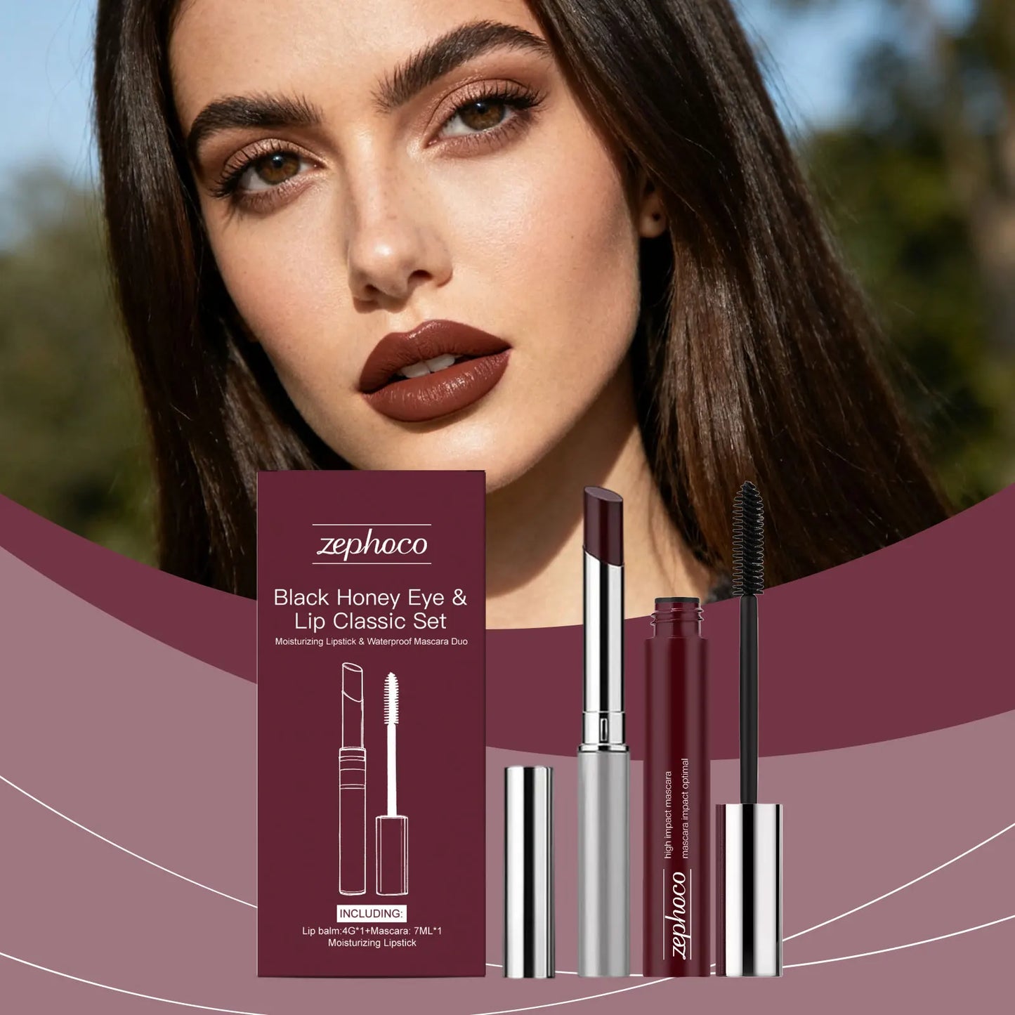 Ensemble de maquillage iconique pour les yeux et les lèvres Black Honey - Mascara volume noir + Rouge à lèvres hydratant brillant, Outils de courbure des cils
