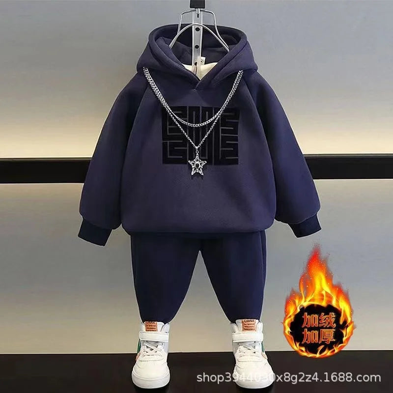 Ensembles de sweat-shirts pour enfants, hiver, plus velours épais, costume chaud garçons filles, sweat à capuche + pantalon 2 pièces, tenues de survêtement en coton