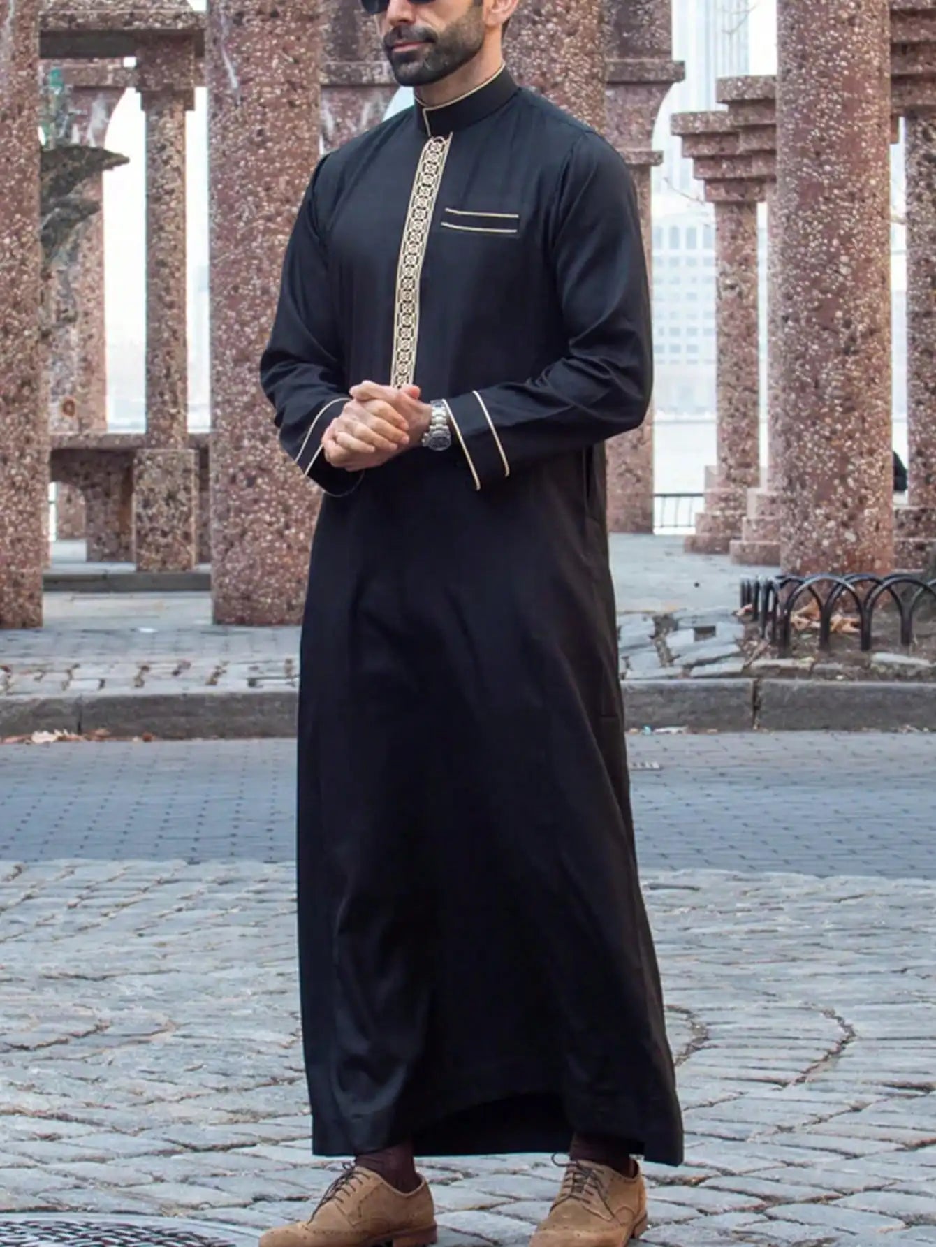 Thobe marocain pour hommes, manches longues, style ethnique brodé, col montant, fermeture éclair, abaya arabe tendance pour hommes musulmans