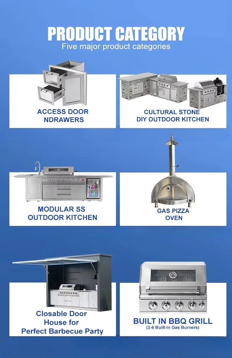 All-in-One anpassbare, moderne Premium-BBQ-Station für den Außenbereich, pulverbeschichtet, rostfrei und windbeständig, mit Kühlschrank und Spüle