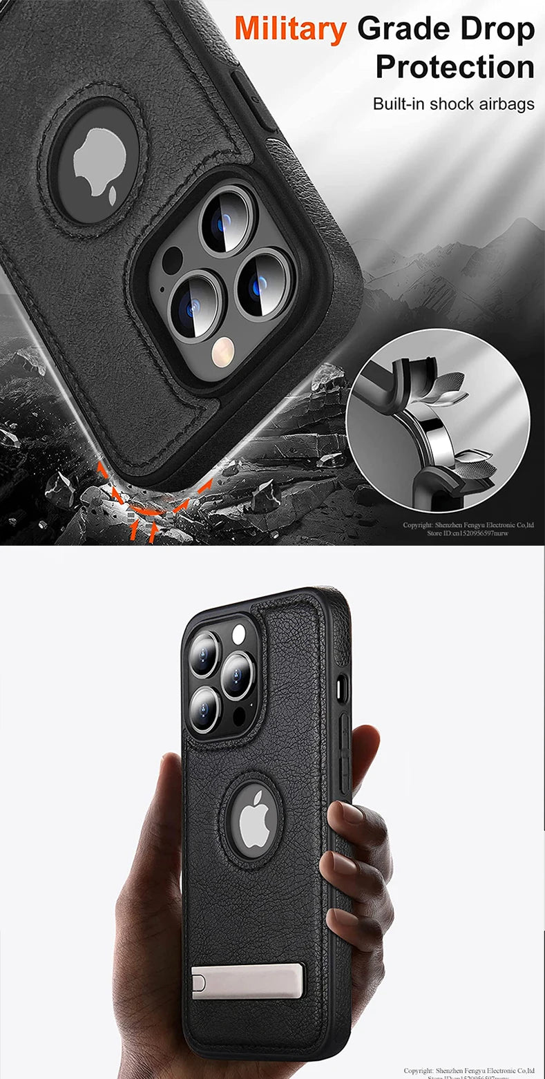 Handyhülle aus PU-Leder mit Ständer für iPhone 17 16 15 Pro Max 14 Plus 13 12 11 Mini Weicher Griff Luxus-Rückabdeckung mit Ständer