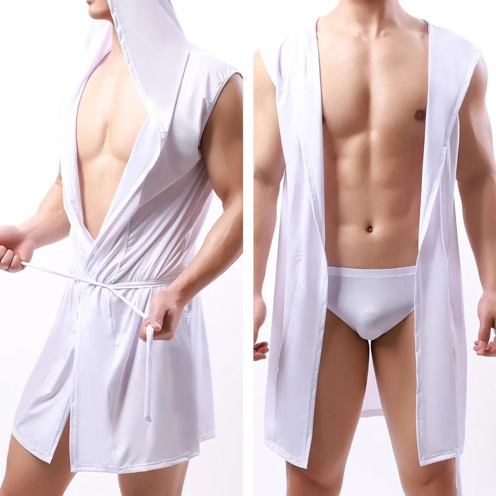 Sexy Nachtwäsche Herren Bademäntel Weich Seidig Ärmelloses Nachthemd Herren Homewear Morgenmantel Herren Pyjamas (Keine Shorts)