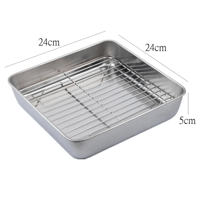 Square Stainless Steel Deepening Baking Tray Nonstick Cookie Bread Fruit Storage Plate with Grid Draining Dish Kitchen Utensils