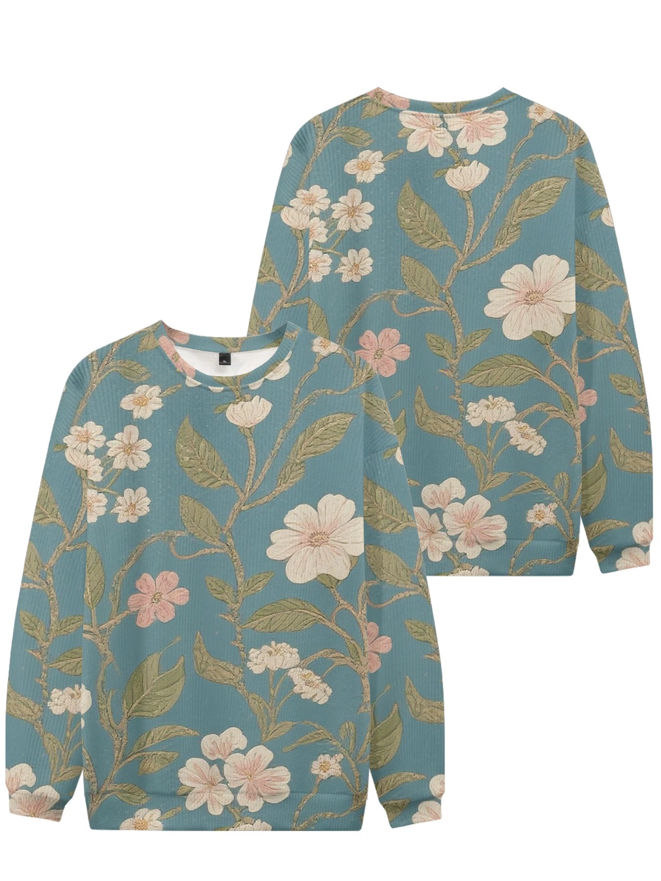 Lebhaftes weißes Rundhals-Sweatshirt mit Blumendruck, vollflächigem botanischen Design mit bunten Blüten und Blättern, lässige Frühlingsmode für Paare