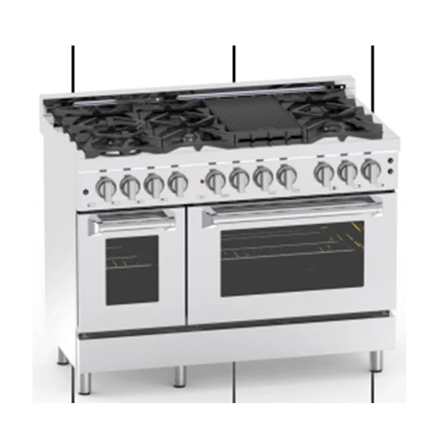 Gasherd 1200mm Breite 3-in-1 Standgerät mit Backofen 6 Kochfelder Gasherd + Gasgrill, Edelstahlofenklappe