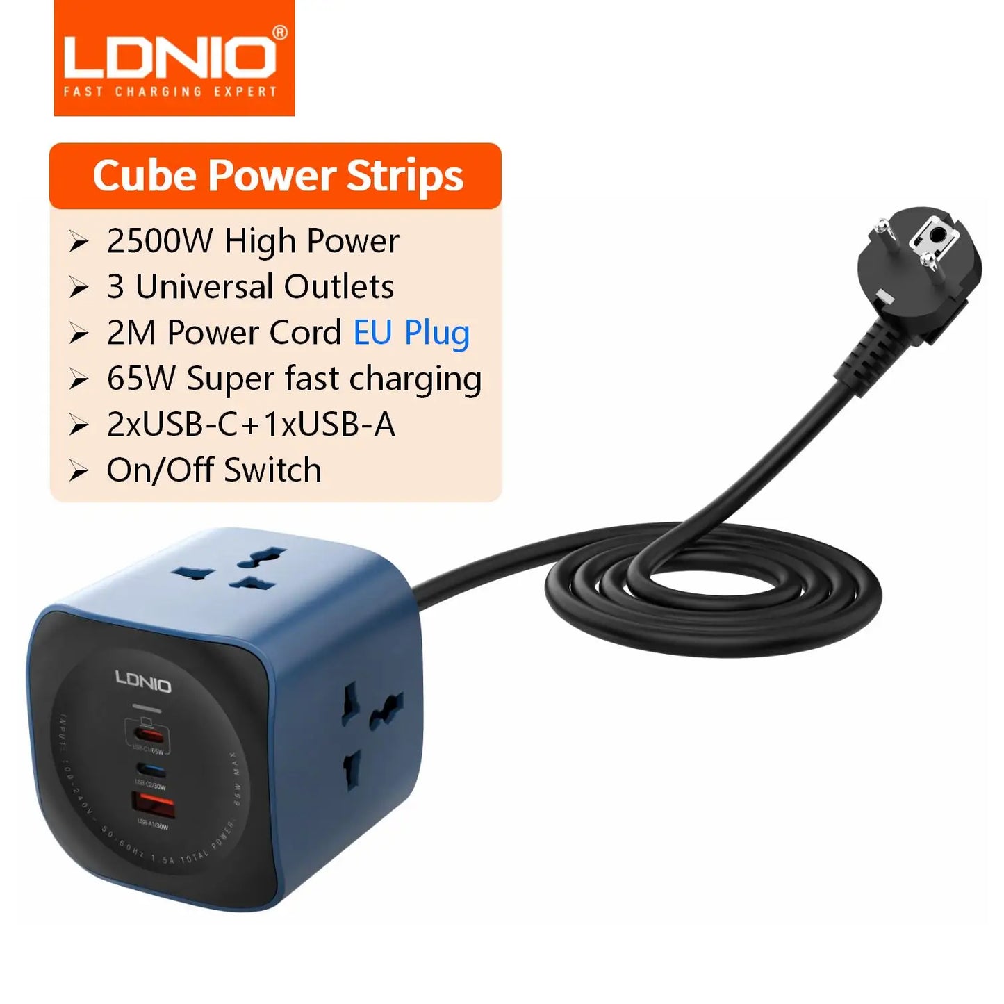 Multiprise cube LDNIO 3 prises universelles avec 3 ports USB 65W, protection contre les surtensions 2500W, cordon d'extension de 2m (fiche UK/EU/US) et interrupteur