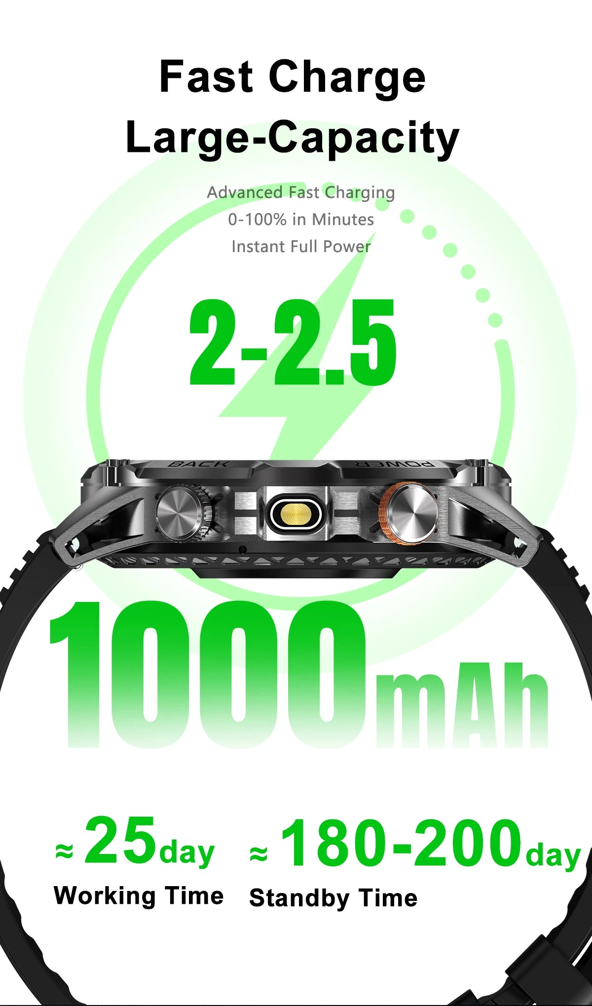 LIGE Nouvelle Montre Intelligente Militaire Hommes 1000mAh Batterie Super Capacité Bracelet Sportif Extérieur Moniteur de Fréquence Cardiaque Montre Connectée Étanche