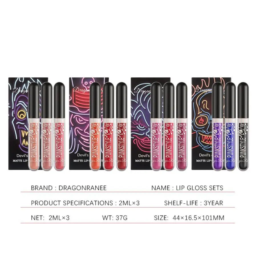 Lot de trois brillants à lèvres, rouge à lèvres nacré non-adhésif, ensemble de brillants à lèvres violets et noirs scintillants