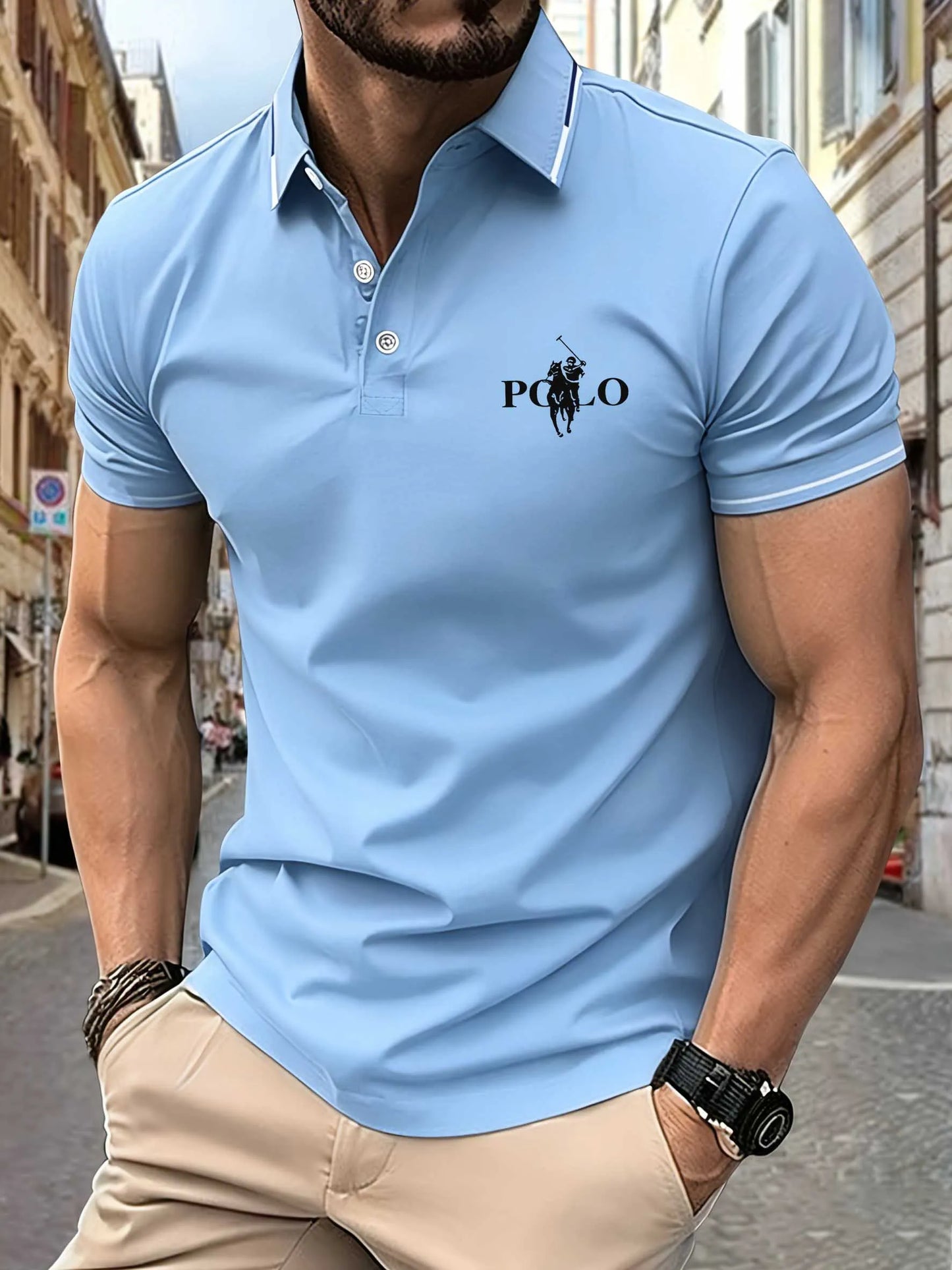T-shirt de sport décontracté pour homme – T-shirt de course pour la gym – T-shirt polo élastique à manches courtes avec revers – Haut ajusté pour homme