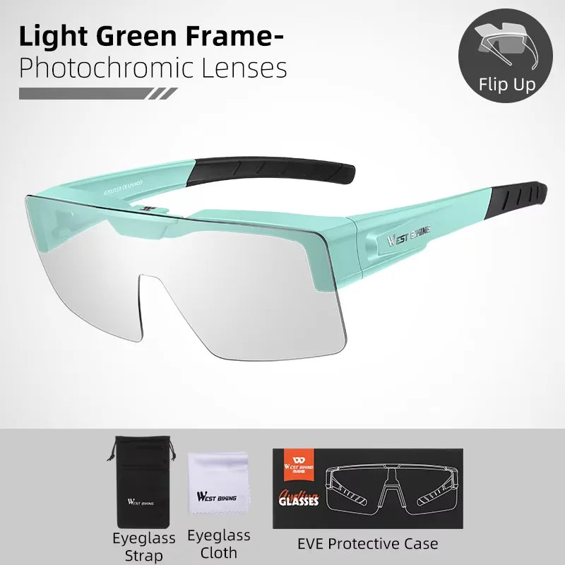 WEST BIKING Lunettes de cyclisme photochromiques Verres relevables Lunettes polarisées à clipser Pare-soleil VTT Vélo de route Lunettes de conduite de nuit