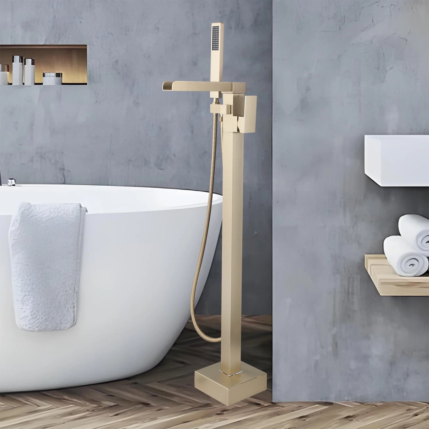 KEMAIDI Freistehender Badewannenarmatur Wannenfüller Hochleistungs-Wasserfall-Badewannenfüller Gebürstete Gold-Badewannenarmaturen mit Handbrause Wasserhahn
