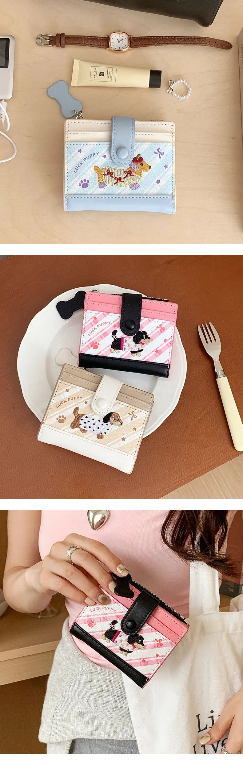 Lässiger koreanischer Stick-Stil Dackel Niedlicher kleiner Geldbeutel Cartoon-Kartenhalter mit mehreren Fächern kurze Clutch Münztasche