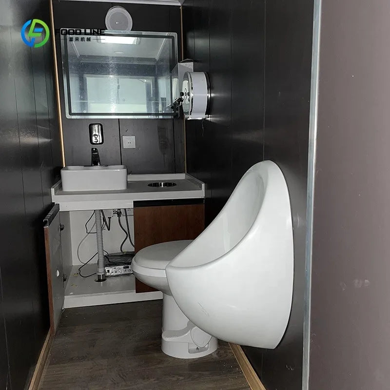Luxury Modern Outdoor 2 Stall Unit With Black Double Door Design Portable Bathroom Mobile Toilet Trailer