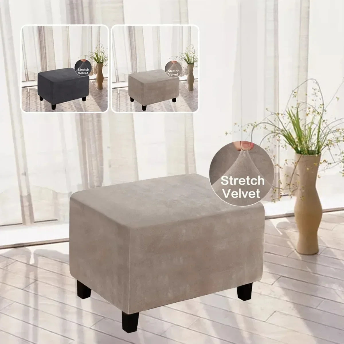 1 Housse de Tabouret Bas Rectangulaire en Velours Élastique, Épaisse et Ultra Douce, Antidérapante et Lavable, Protection de Meuble