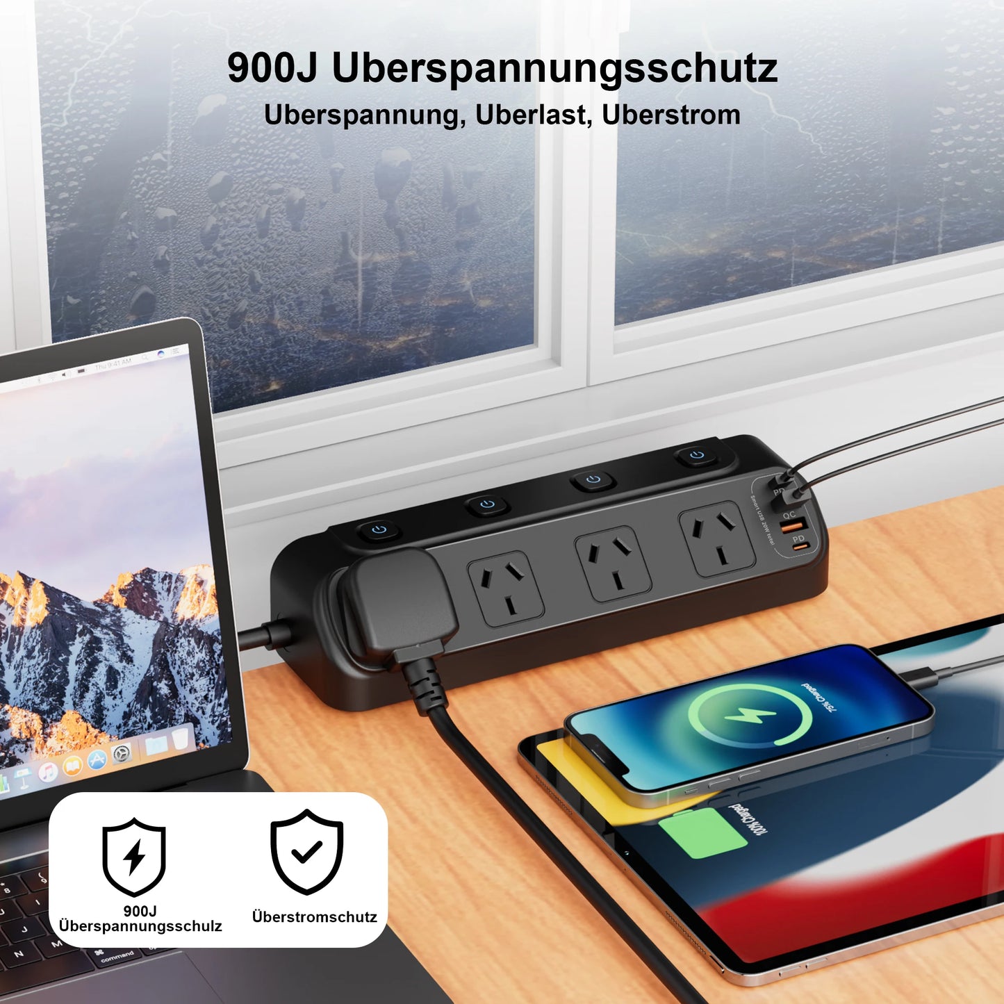 AU Plug Desk Clamp power board with 4 AC outlets 2 USB A and 2 USB C PD20W fast charging, 2m extension cord, multiprise socke