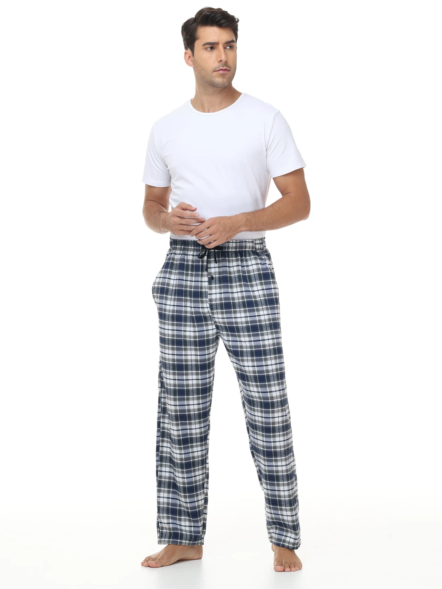 Pyjama Homme 3 Pièces Coton Carreaux, Pantalon de Pyjama Long Carreaux avec Taille Élastique pour Homme