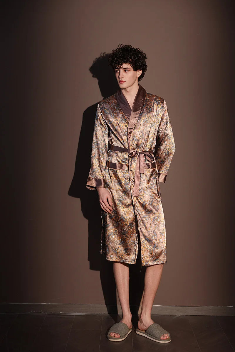 Peignoir d'été fin pour hommes, Robe de nuit de haute qualité, Peignoir une pièce, Vêtements d'intérieur masculins, Pyjama en soie glacée imprimé de grande taille pour homme, printemps