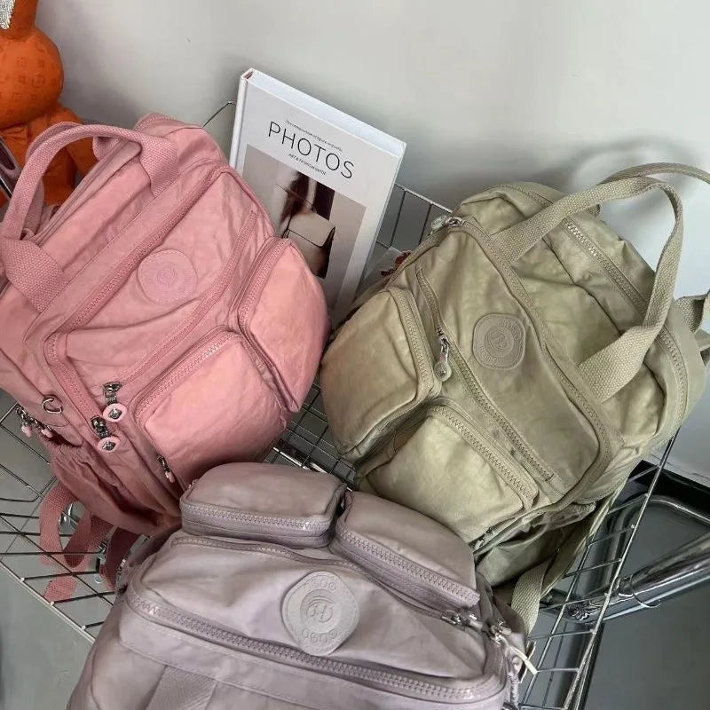 Fashion Multi-pocket Woman's Backpack Soft Handle Solid Color Nylon Travel Backpack Lightweight Casual School Backpacks