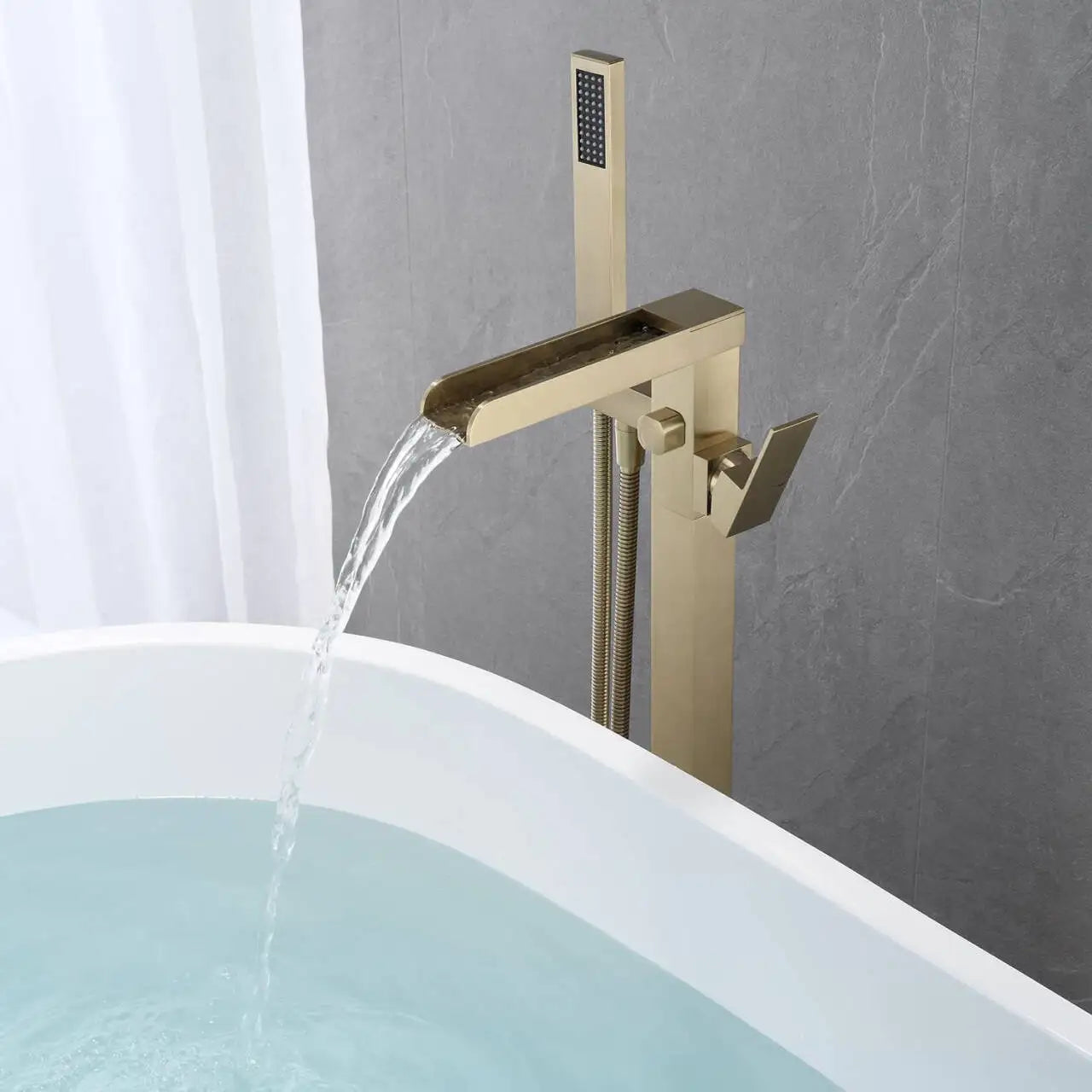 KEMAIDI Freistehender Badewannenarmatur Wannenfüller Hochleistungs-Wasserfall-Badewannenfüller Gebürstete Gold-Badewannenarmaturen mit Handbrause Wasserhahn