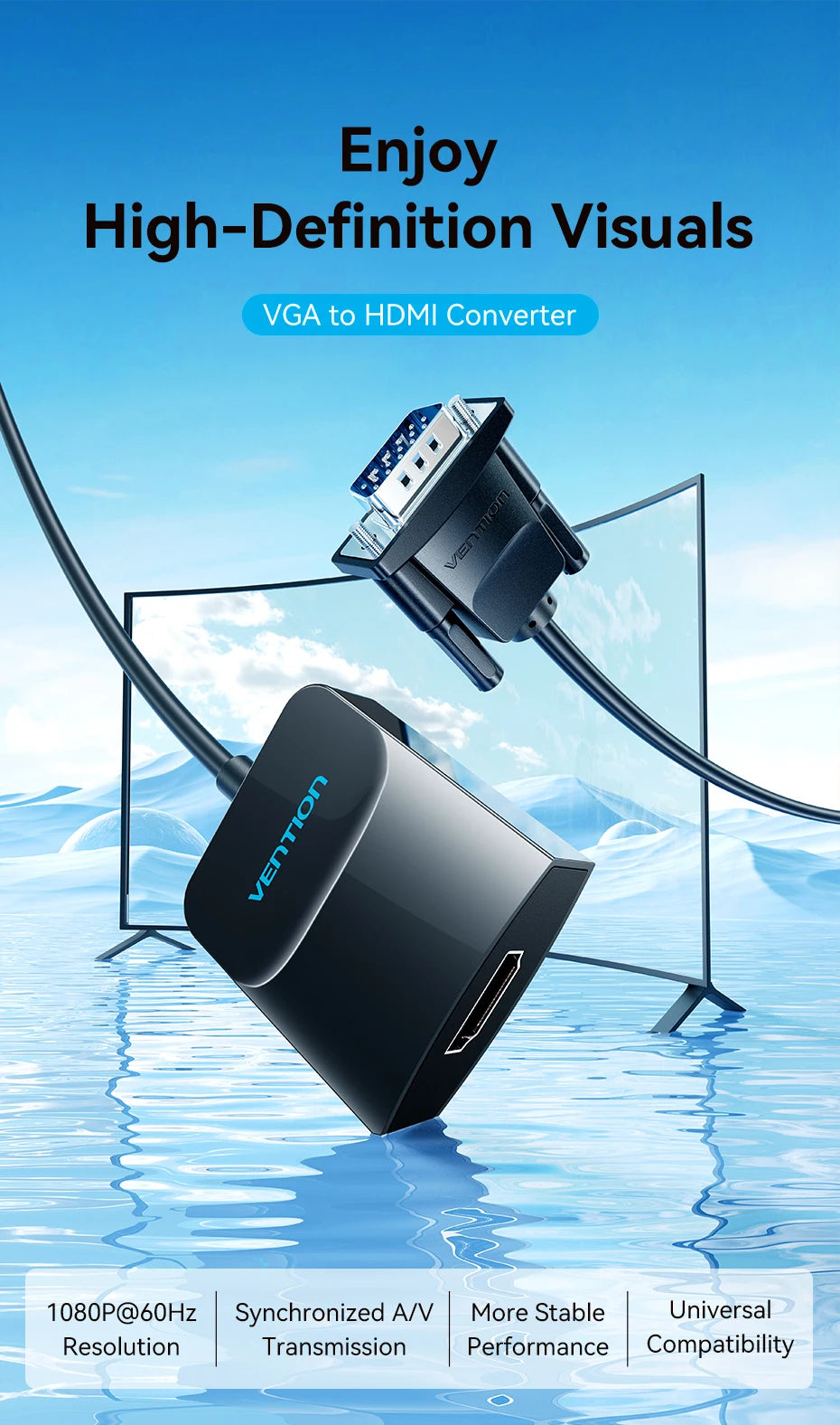 Vention Adaptateur VGA vers HDMI 1080P Convertisseur Mâle VGA vers Femelle HDMI avec Câble Audio et Alimentation USB pour PS4/3 HDTV Convertisseur VGA HDMI