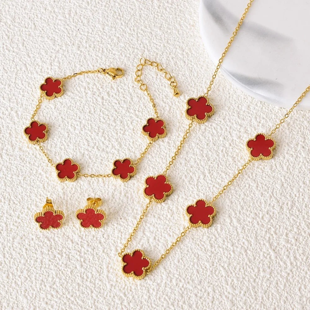 Heiße Schmuckverkäufe Edelstahl Fünfblumen-Halskette Armband Ohrringe Set Damenschmuck mit hohem Anspruch Kleeblatt Schmuck Party