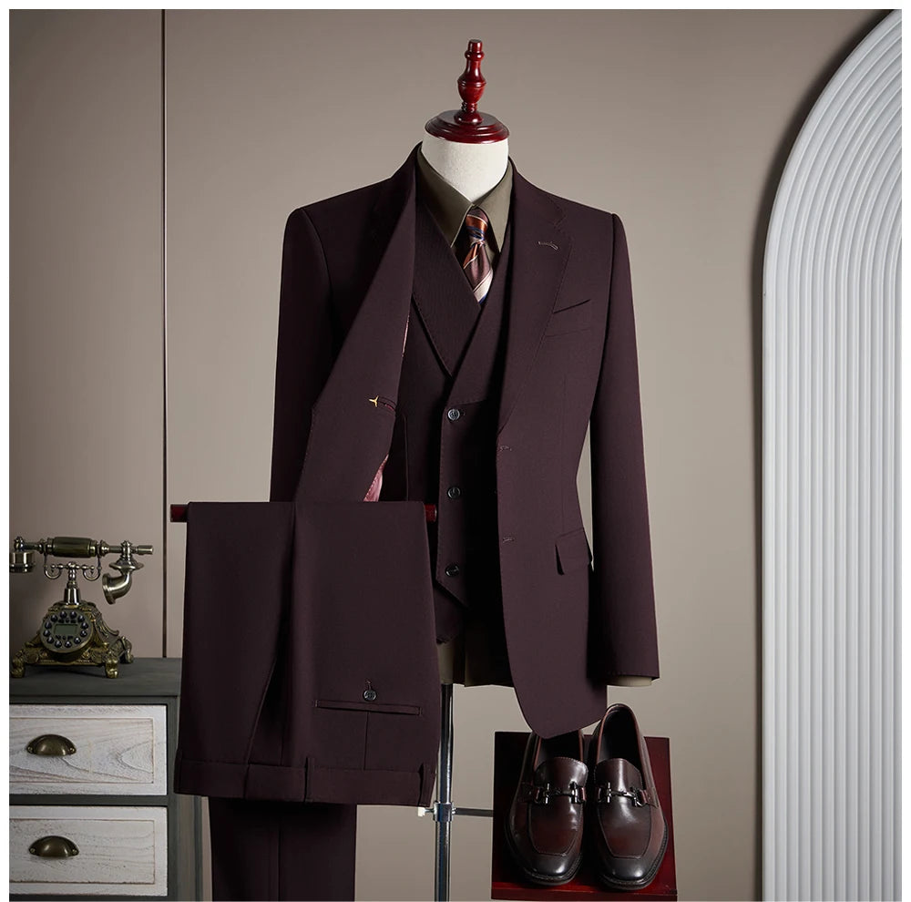 Ensemble de costume trois pièces en laine haut de gamme pour homme, élégant et décontracté, de couleur unie, idéal pour banquets et mariages.