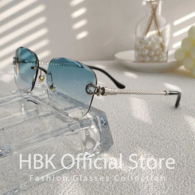 HBK Rahmenlose Metall Sonnenbrille Herren Wellenform geschnitten Sonnenbrille für Damen Reise Shopping Brille UV400 Sommer Stil