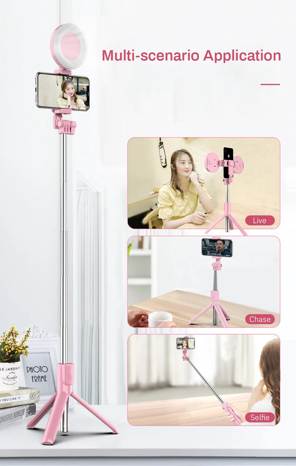 4in1 Wireless Bluetooth Compatible Selfie Stick LED Ring light Extendable Handheld Monopod Live Tripod for iPhone X 8 Android