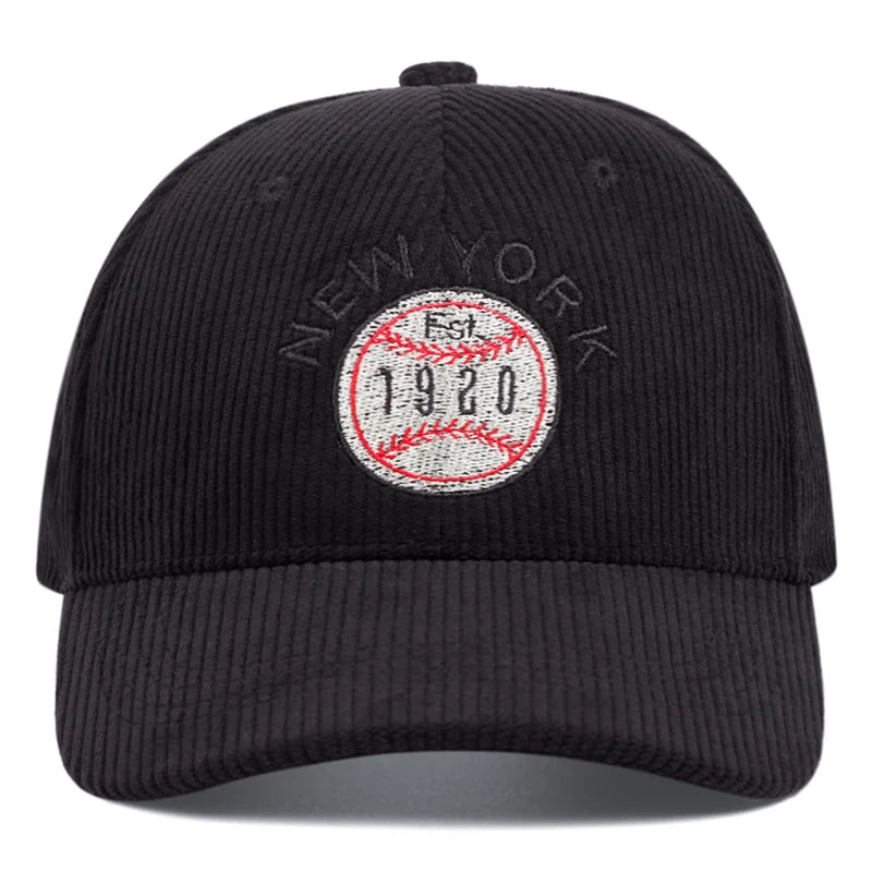 Casquettes de baseball en velours côtelé brodées New York pour hommes et femmes, idéales pour les sports de plein air et les tenues décontractées