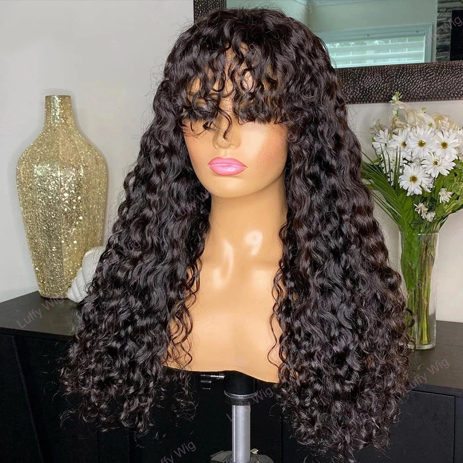 30 Zoll Water Wave Echthaarperücken mit Pony, klebefreie Pony-Perücke, Kinky Curly Bob Perücke mit Pony, vollmaschinell gefertigte Perücke, 180%
