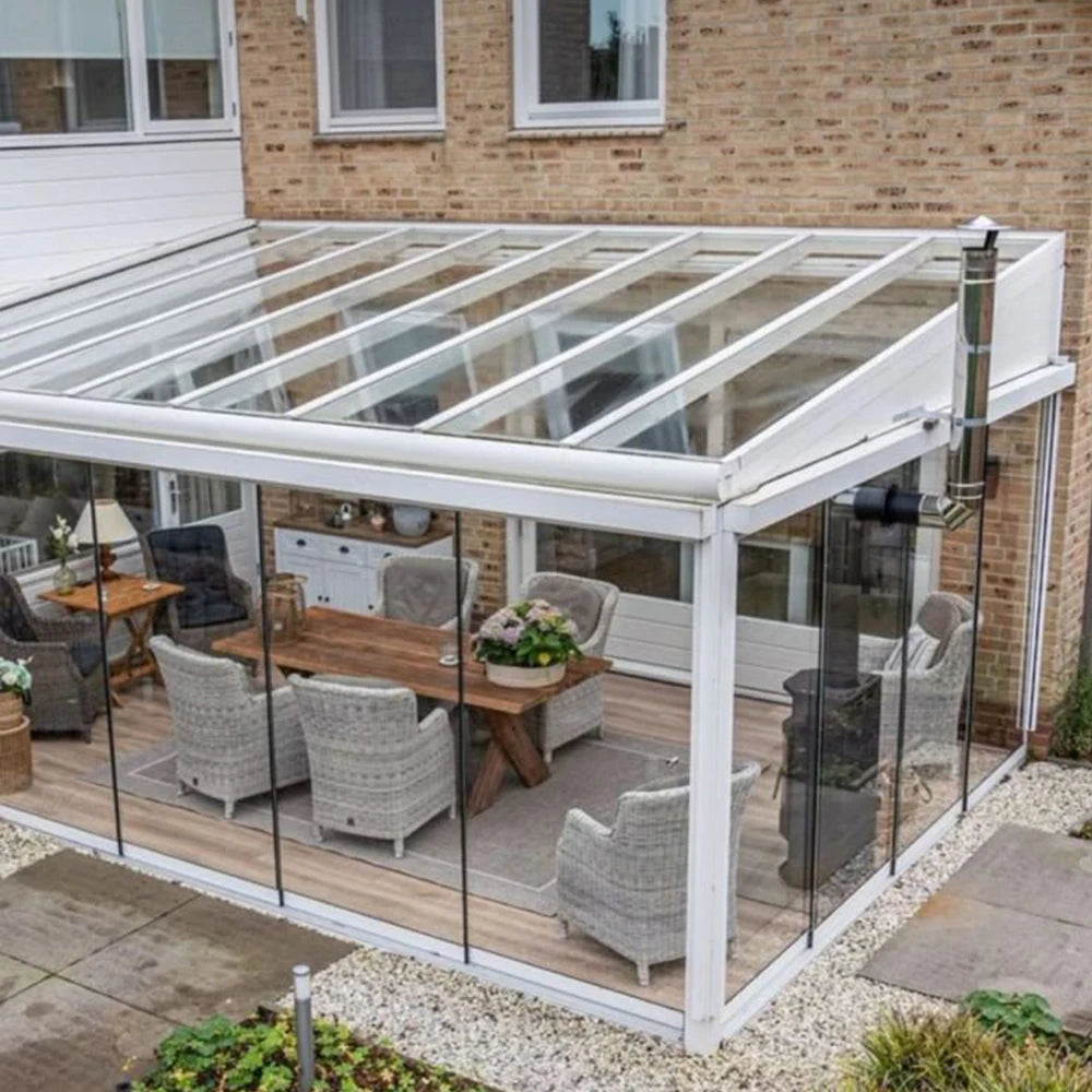 Sommer-Wintergarten-Gewächshaus, Schiebetür, vordere Außentür, Gartenhaus für Büroräume, doppelt verglaste Aluminium-Sonderanfertigung