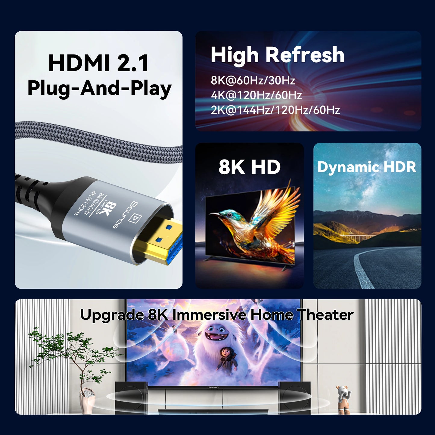 8K HDMI 2.1 Glasfaserkabel 8K60Hz 4K120Hz HDMI Kabel Dynamisches HDR/eARC/HDCP 2.3 Kompatibel mit LG Samsung Sony TV/PS5/Blu-ray