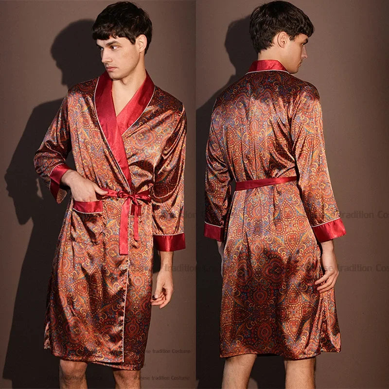Peignoir d'été fin pour hommes, Robe de nuit de haute qualité, Peignoir une pièce, Vêtements d'intérieur masculins, Pyjama en soie glacée imprimé de grande taille pour homme, printemps