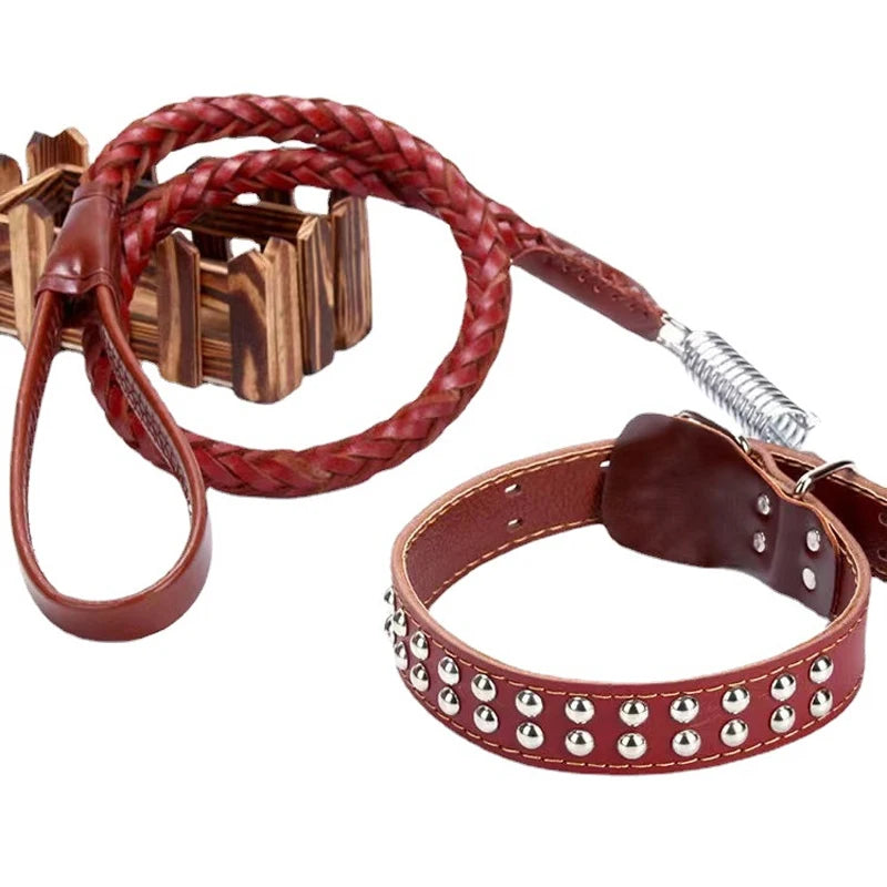 Cowhide collar+leash strong Real big dog collar High Leather Braided Dog with Buffer Spring Pet Traction Rope for Shepherd Dog