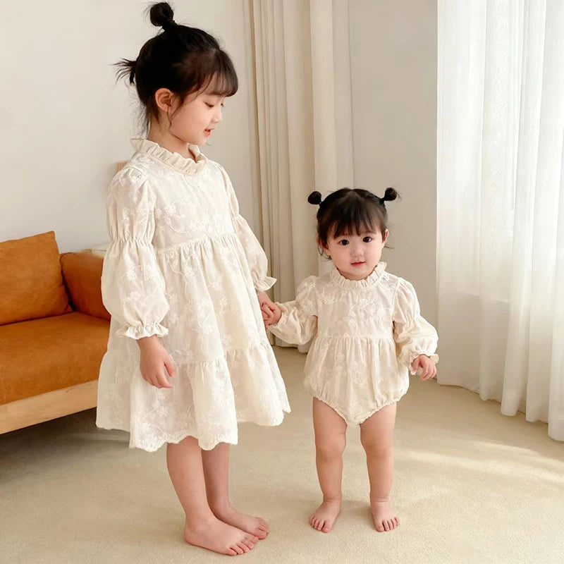 Nouvelle robe de sœur automne 0-6 ans, robe de soirée pour fille, barboteuse brodée pour bébé fille, robe de princesse en coton pour enfants, fête d'anniversaire de sœur