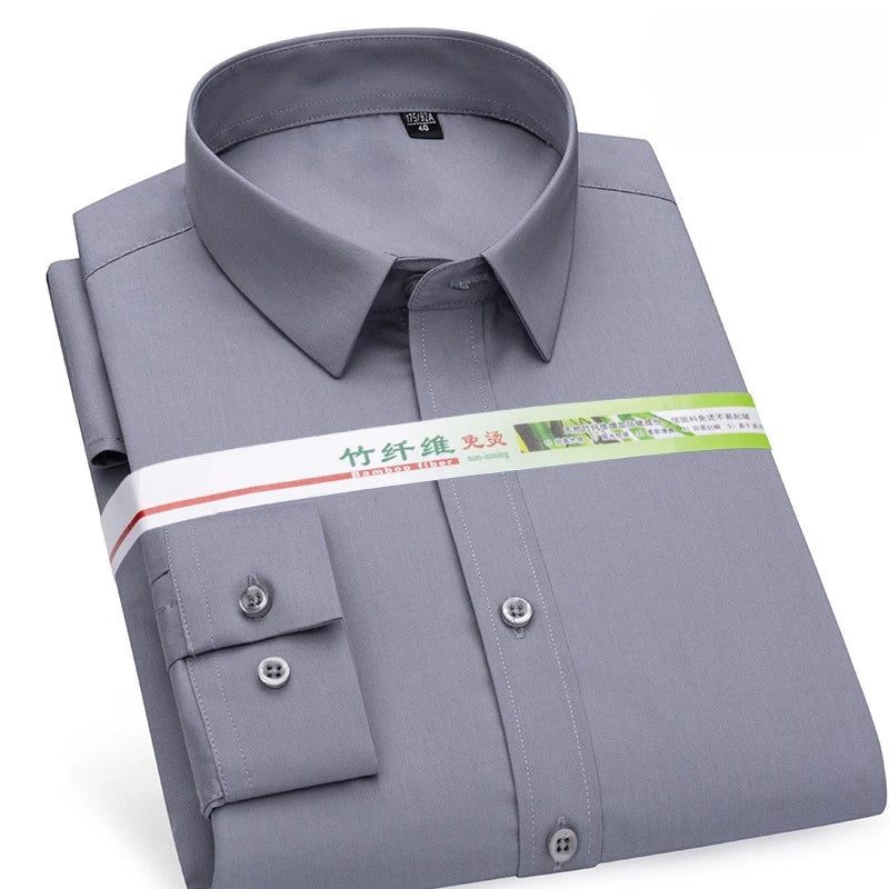 Chemise de Travail Blanche Homme en Fibre de Bambou Bleue 8XL Manches Longues Bureau Affaires Anti-rides Infroissable Décontractée