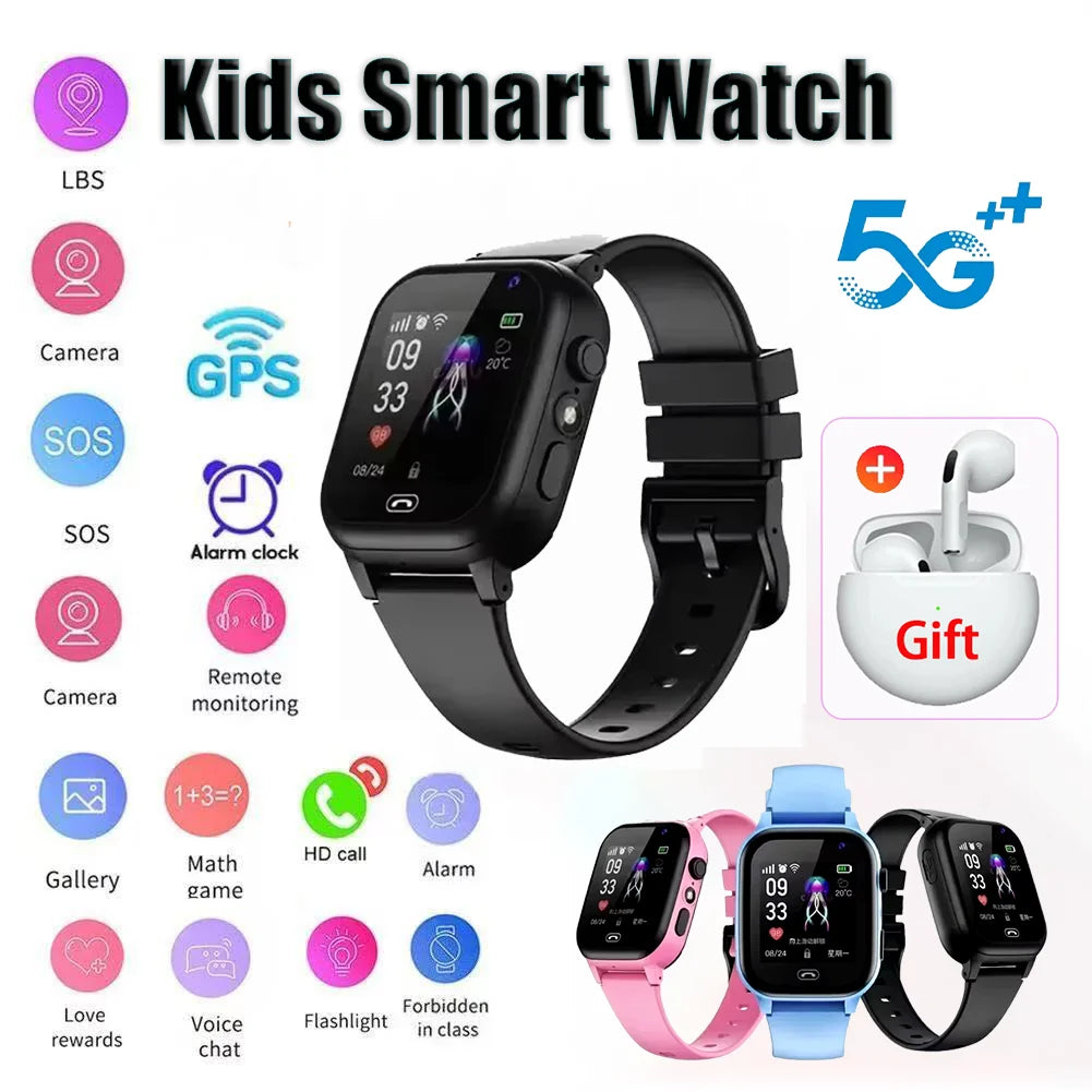 Montre intelligente pour enfants 5G GPS Localisation Appel vidéo Carte SIM SOS Caméra enfant Étanche Mise à niveau 2025 Pour garçons filles Ajouter des écouteurs