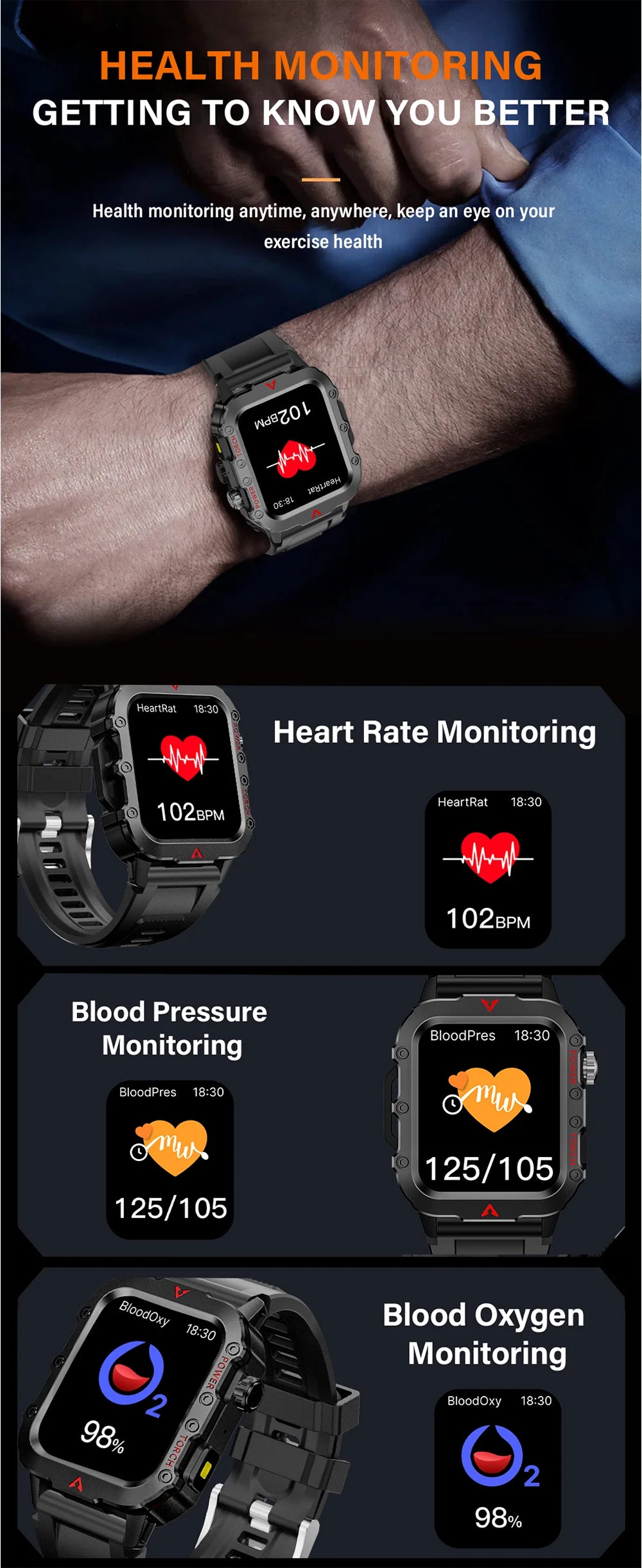 LAXASFIT Nouvelle montre intelligente pour homme Lampe de poche LED Montre intelligente de sport en plein air Surveillance de la santé Montre intelligente