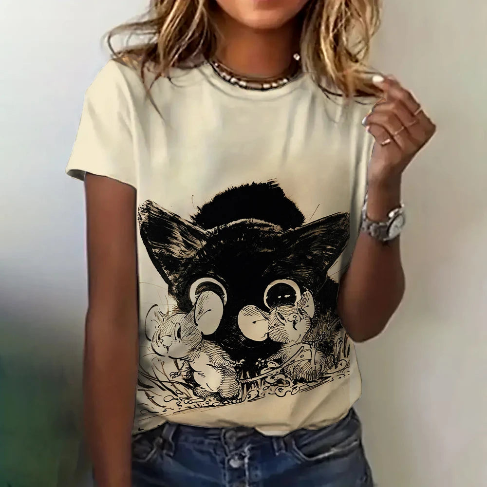 T-shirt Femme Impression 3D Chat Vêtements Été Col Rond Mode Manches Courtes Élégant Décontracté Haut Ample T-shirt Vêtements Femme